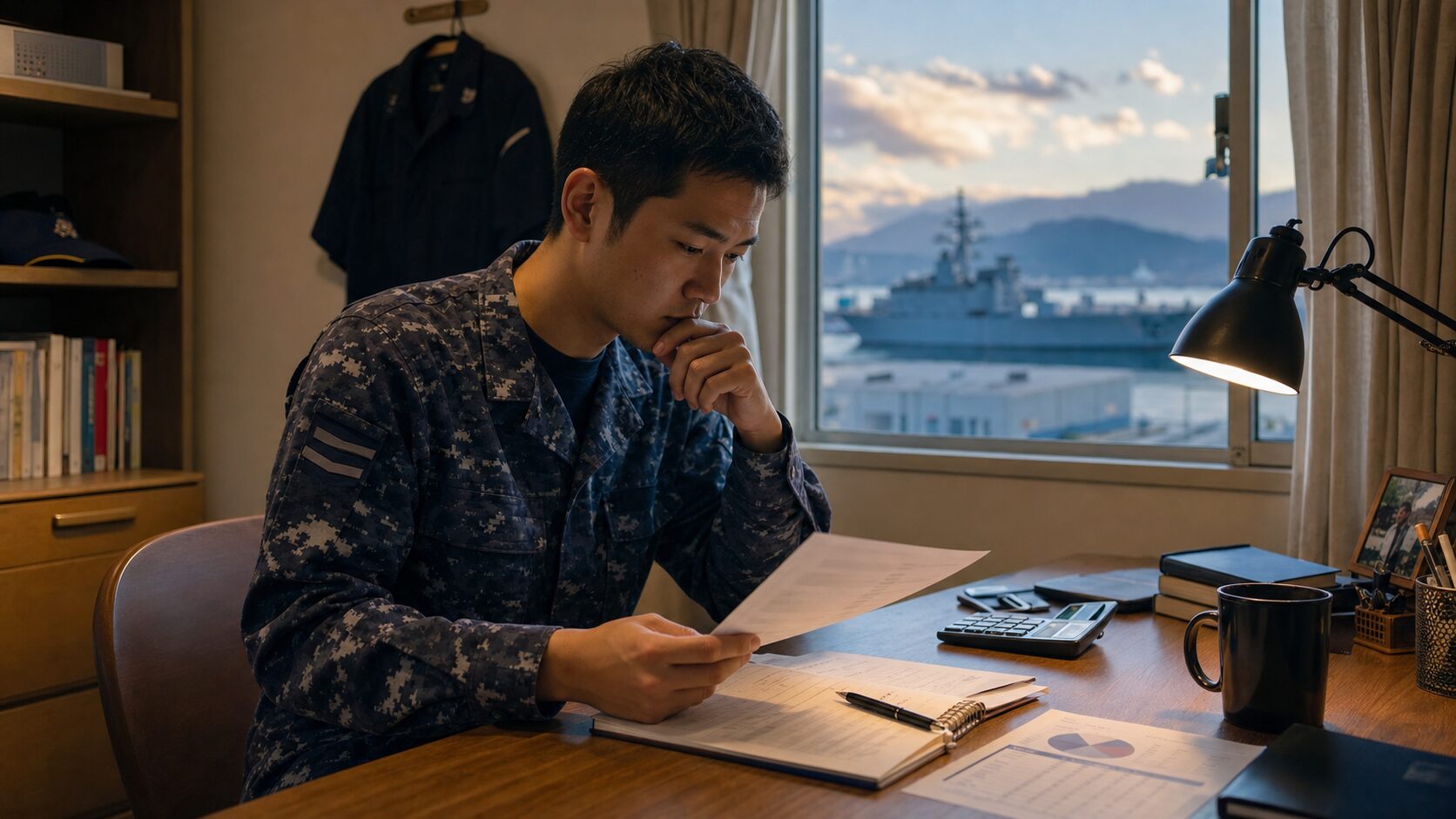 基地を望む居室で家計とキャリアを検討する海上自衛官