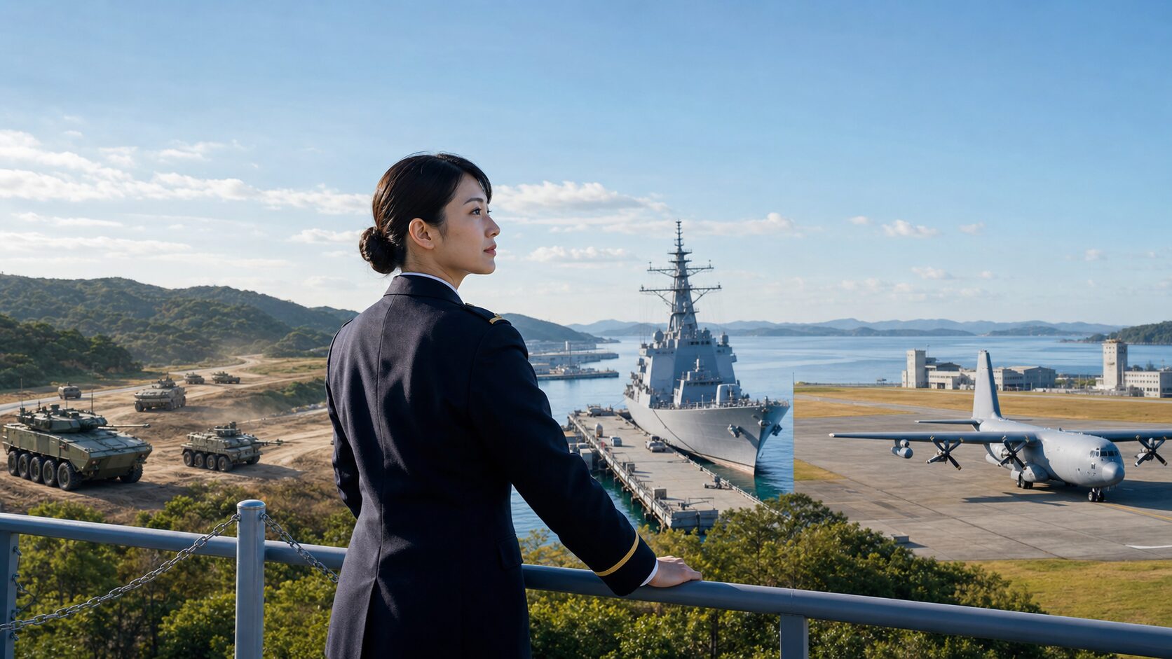 陸海空自衛隊の職域を見渡す成人の女性幹部候補