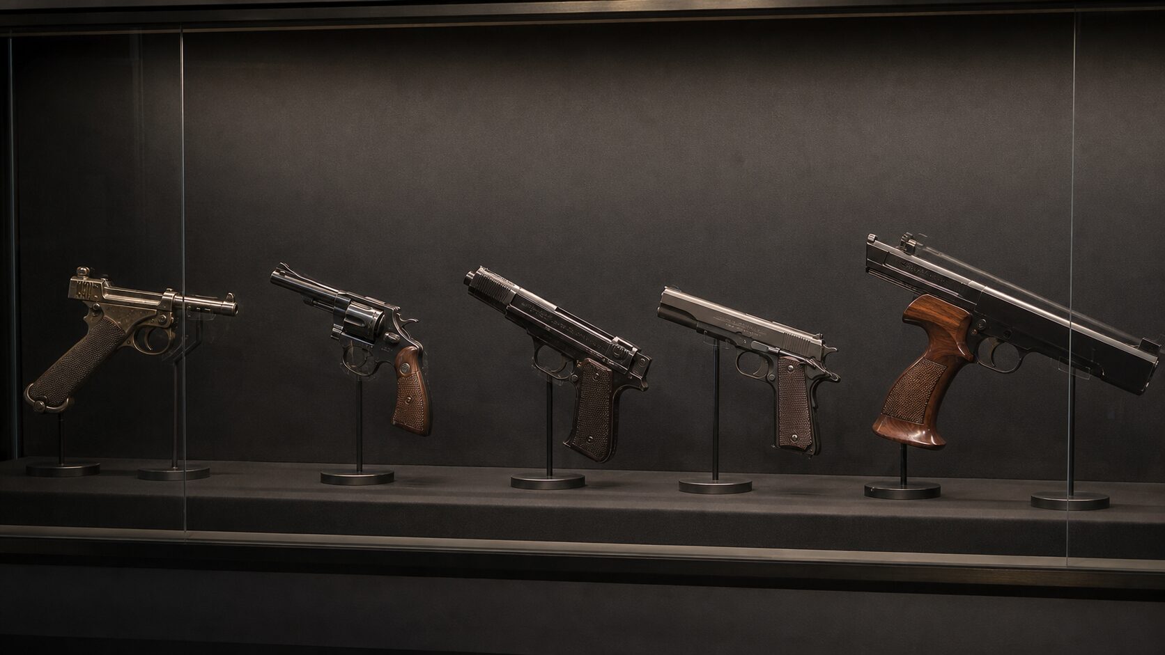 時代ごとの拳銃デザインをたどる展示空間