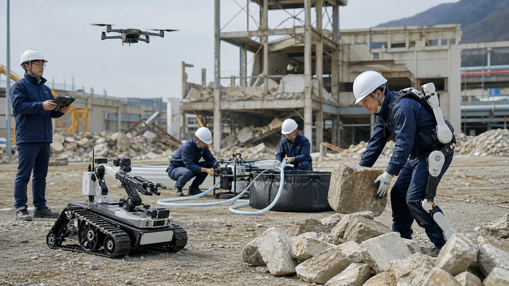 災害対応現場で点検ロボットと作業支援装具を試験する技術者