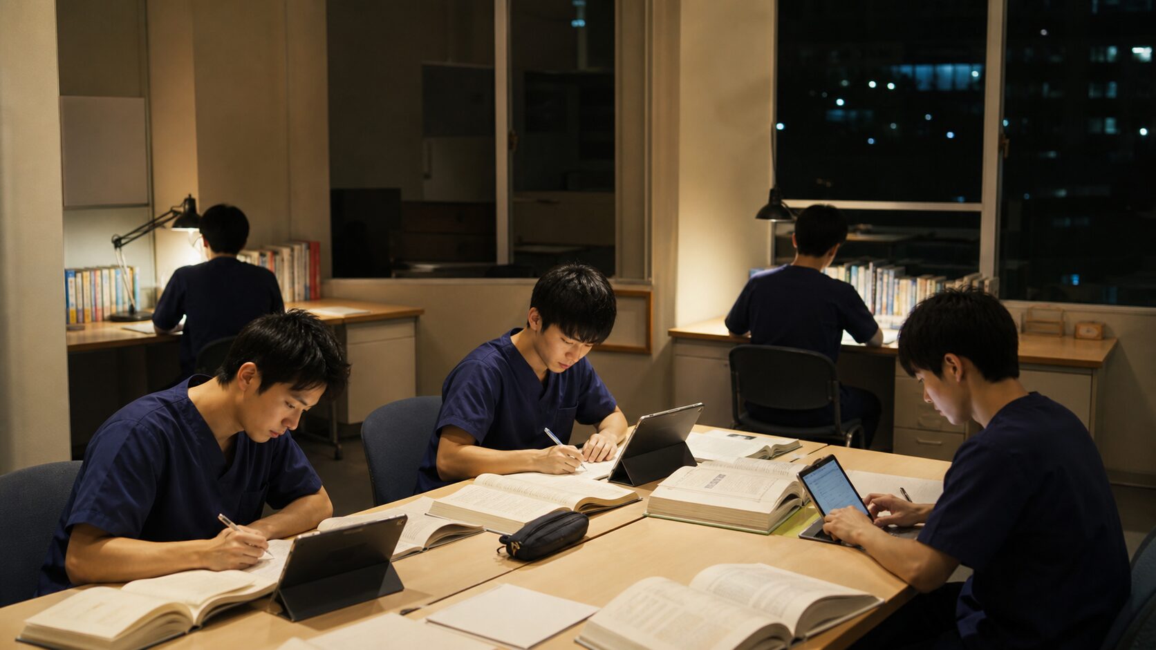部活動と夕食を終えて夜間自習に取り組む学生