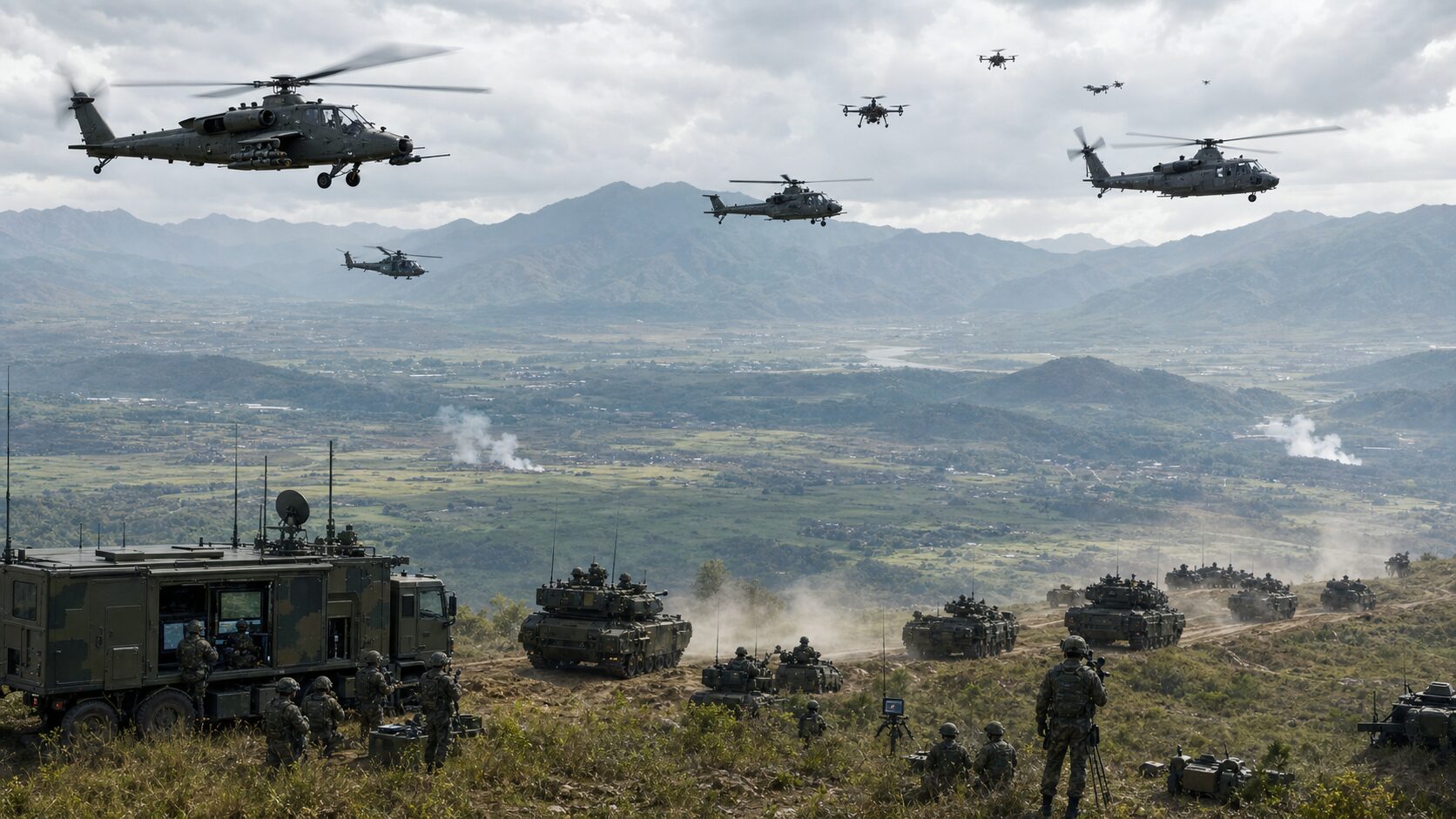 攻撃ヘリ・輸送ヘリ・無人機が地上部隊を支援する陸軍航空