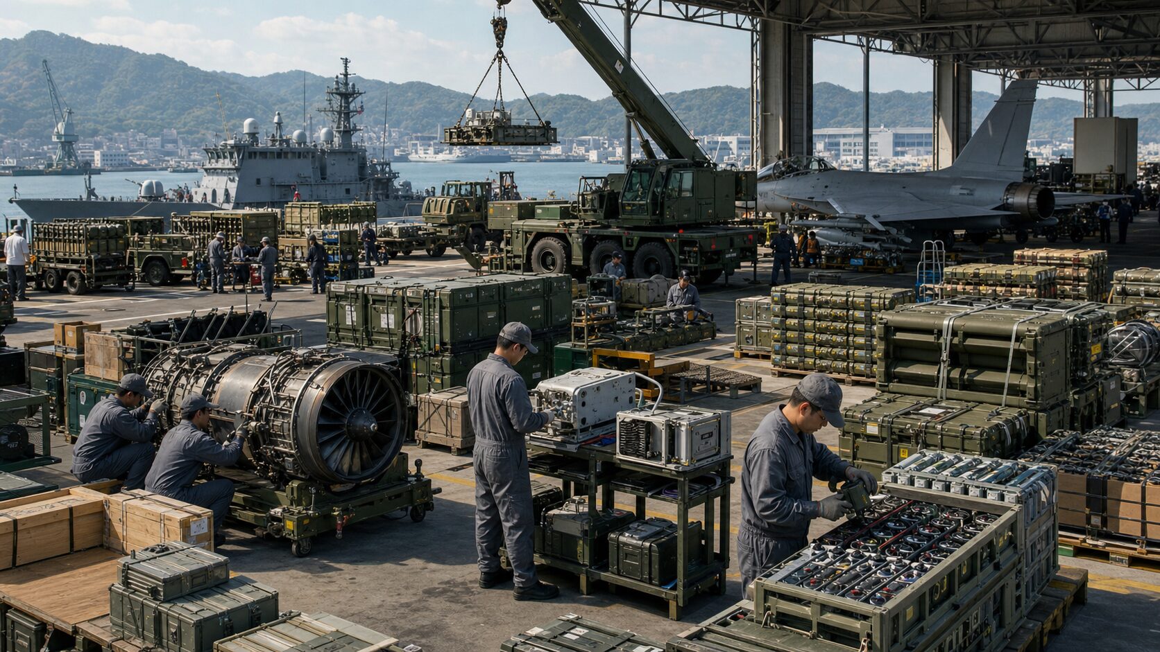 補給拠点で航空機・艦艇・車両向け部品と弾薬を整備する作業