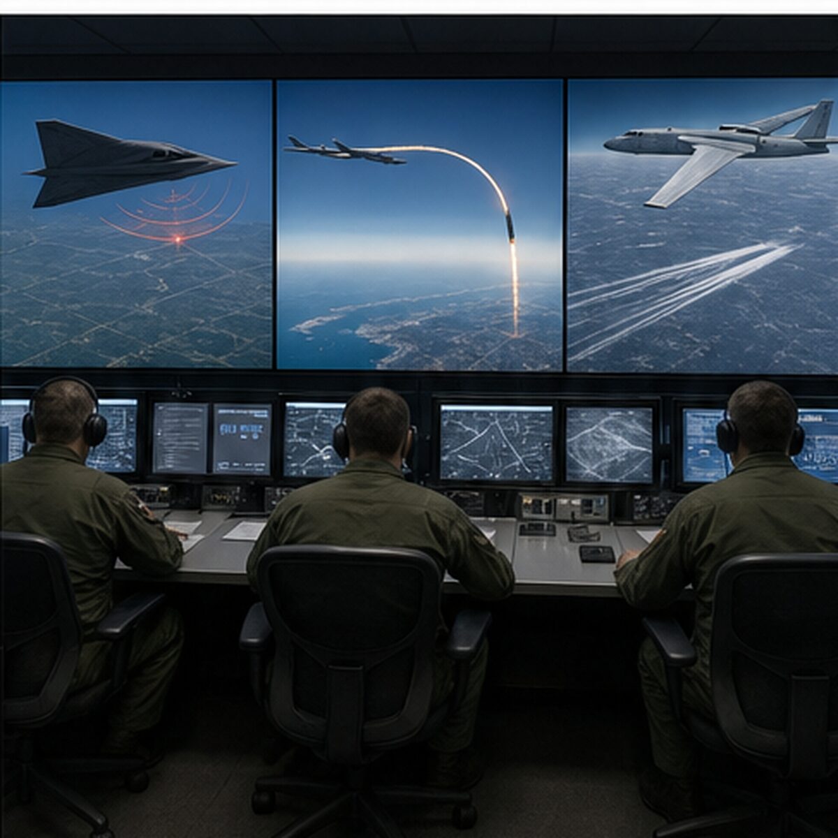 爆撃機の侵入・長距離発射・高速突破任務を比較する航空作戦室