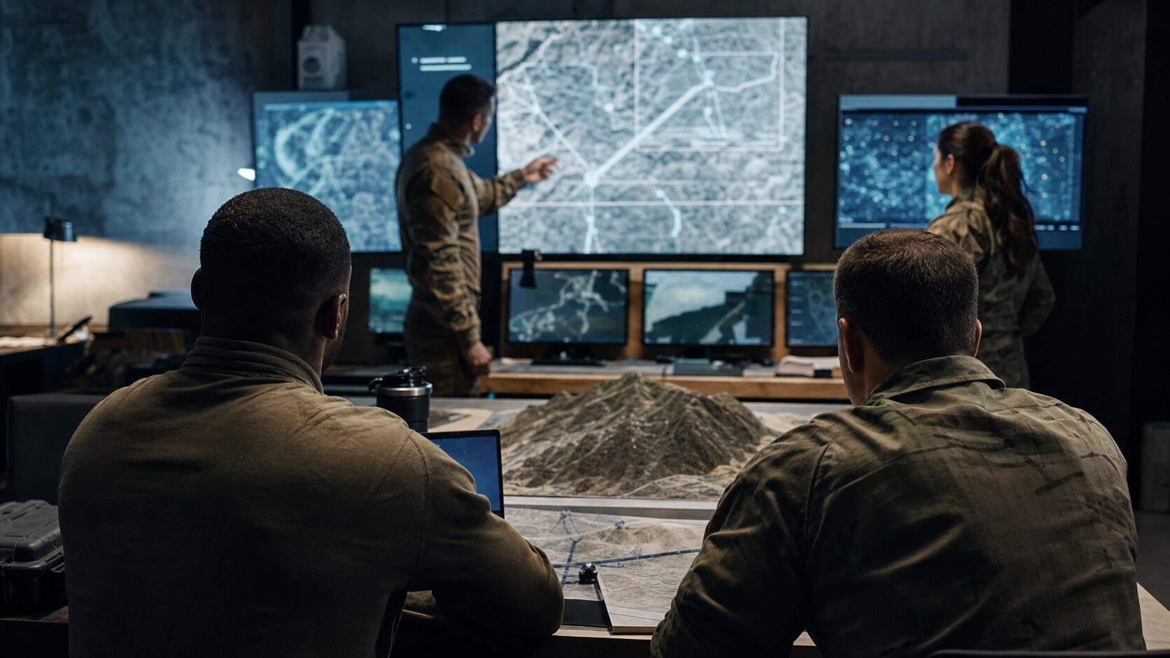 地形模型とセンサー情報を使って作戦を計画する統合チーム