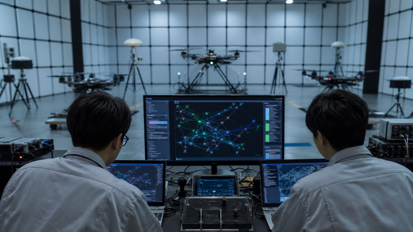 通信妨害下を想定して無人機群を管制する試験設備
