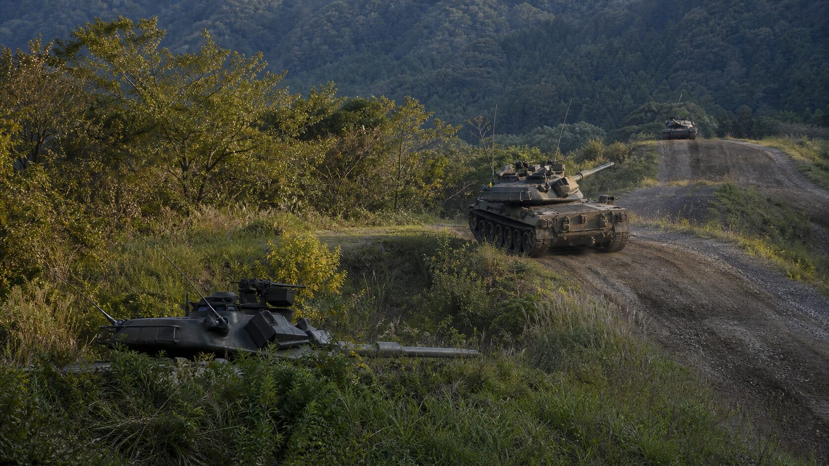丘陵地で展開する74式戦車部隊