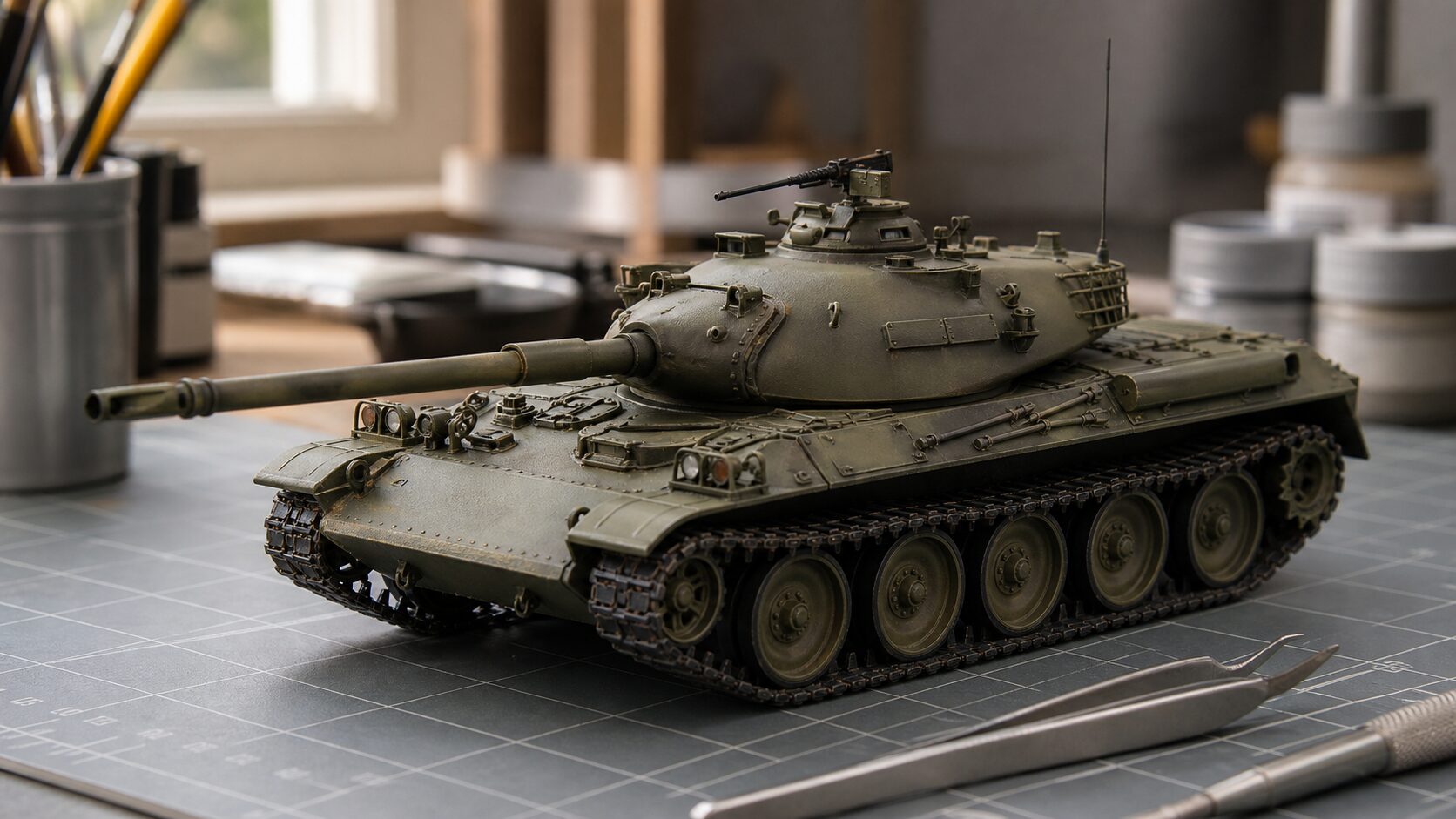 机上に置かれた74式戦車の模型