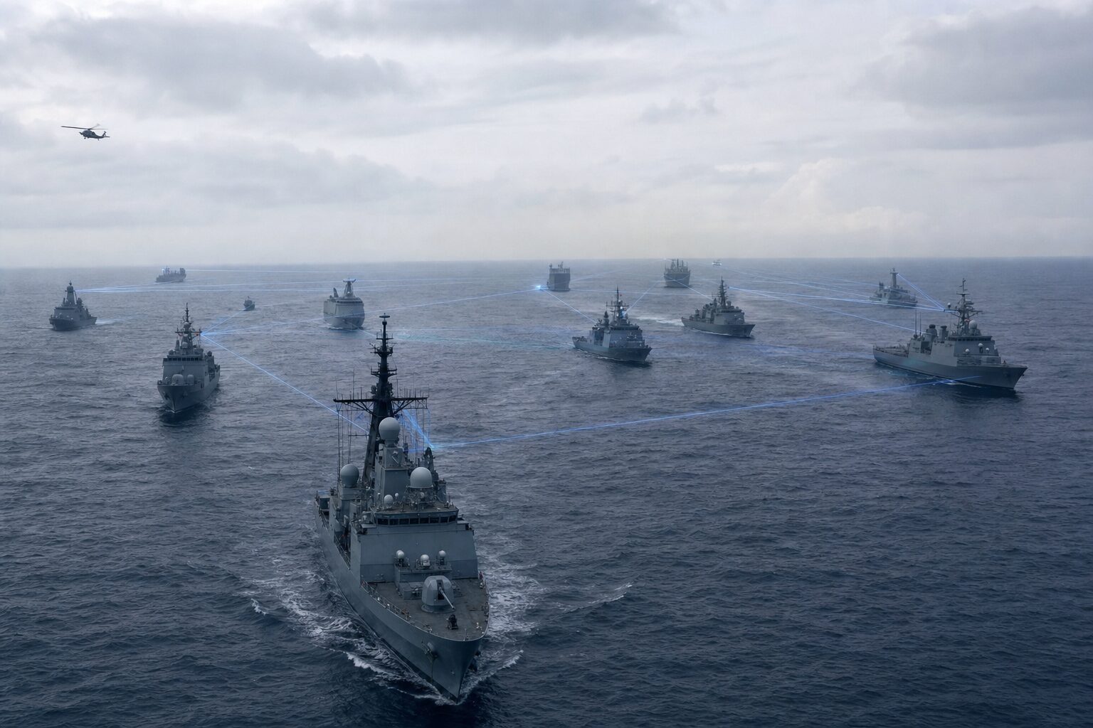 多国籍演習でデータリンクを共有する艦艇のイメージ