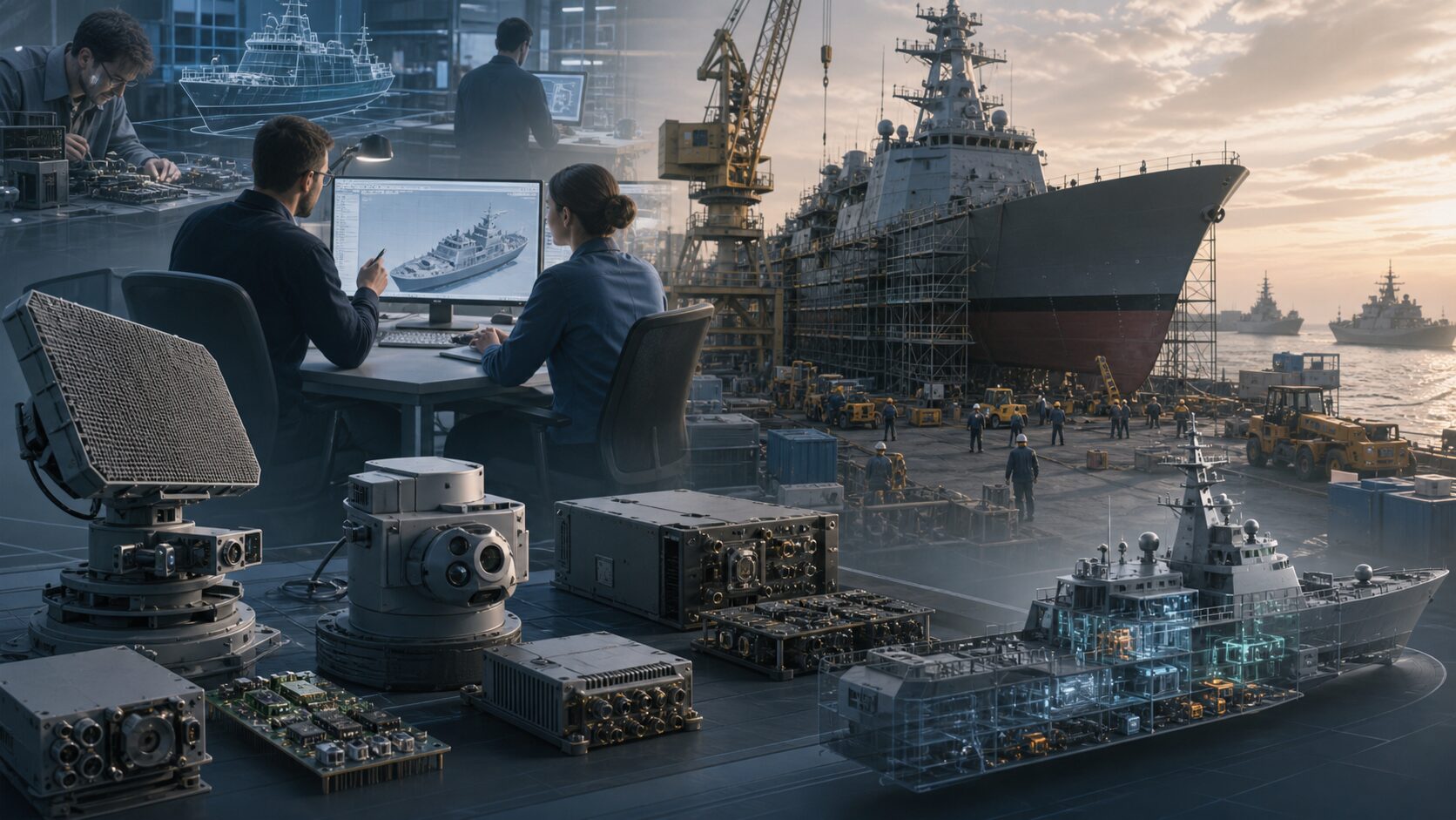 艦載電子機器・設計・造船・整備をつなぐ防衛産業のイメージ