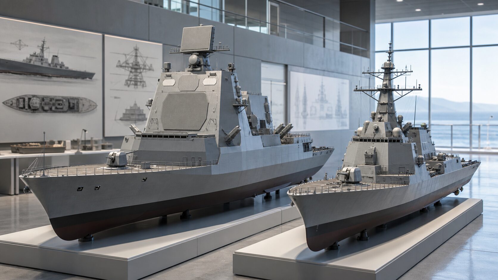 大型の専用防空艦と従来型イージス艦を比較する模型のイメージ