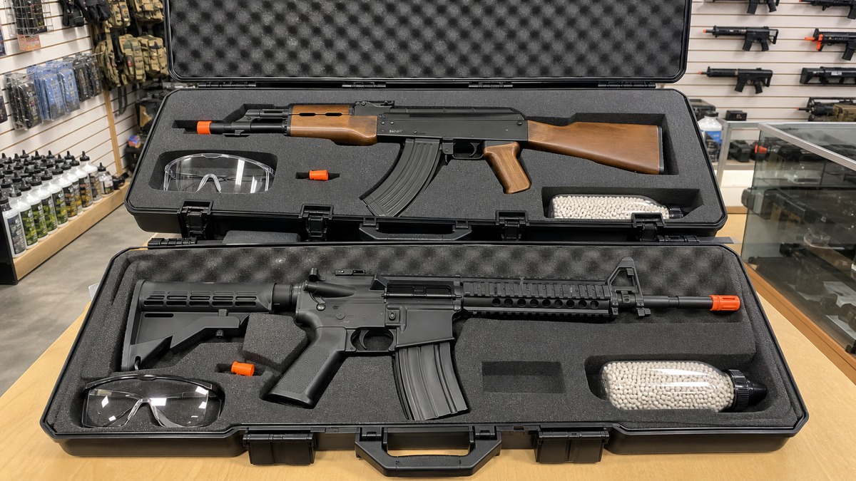 AK型とM4型のエアガンと保護具の安全な展示