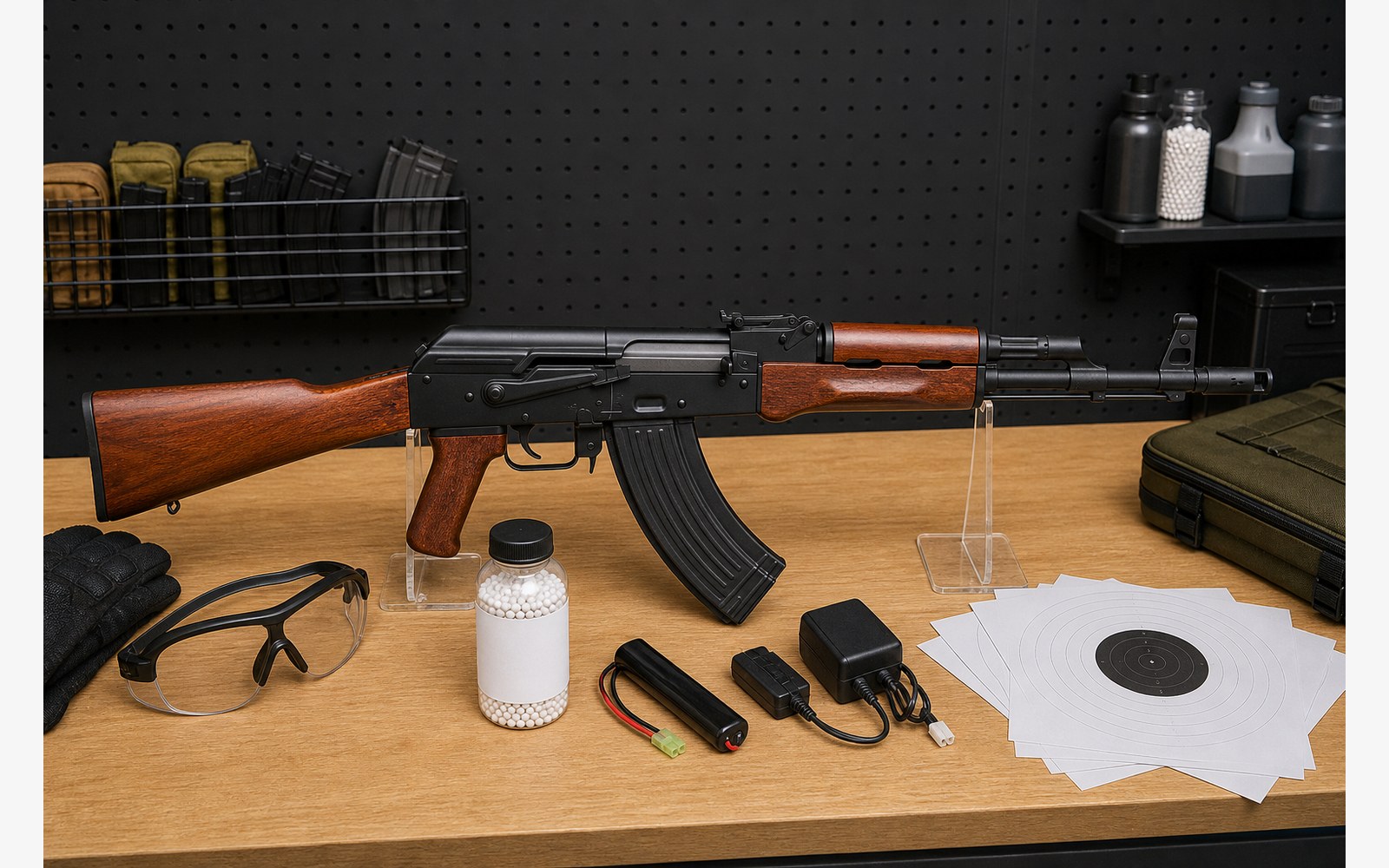 AK-47系エアガンと保護具のイメージ