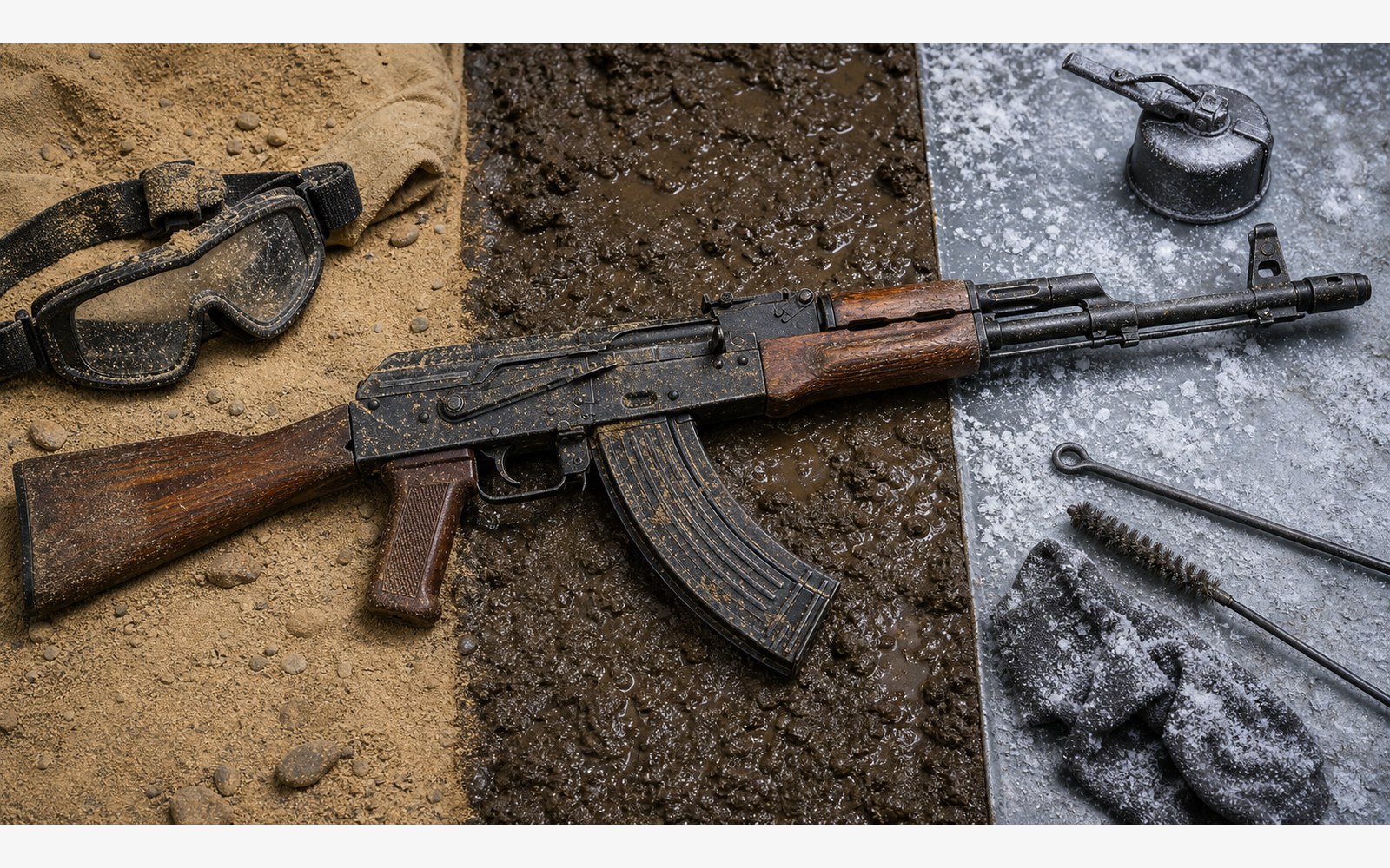 砂・泥・寒冷環境でのAK-47信頼性イメージ