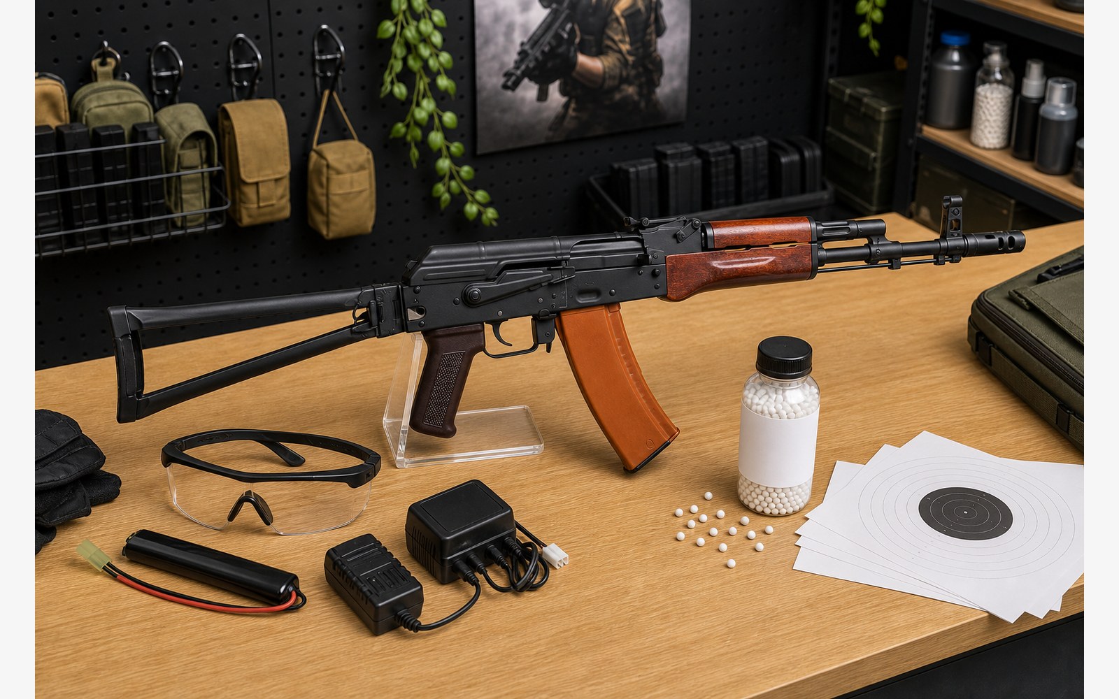 AK-74系エアガンと保護具のイメージ