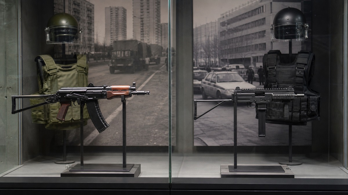 AKS-74Uと都市部治安任務の装備変化を示す展示
