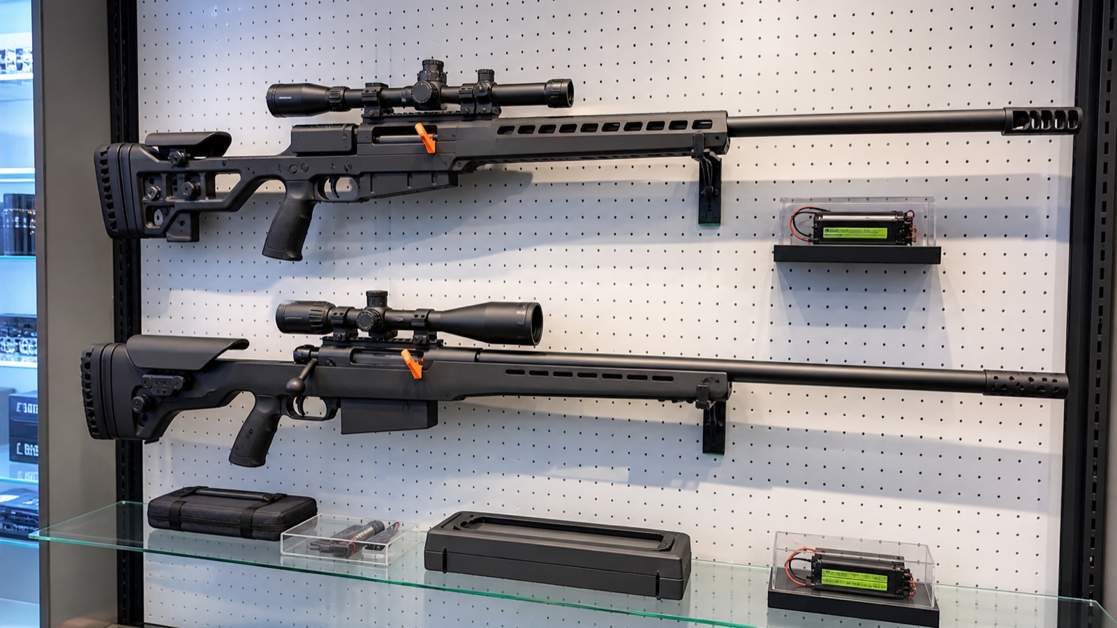大型狙撃銃を模したエアガンの安全な店舗展示イメージ
