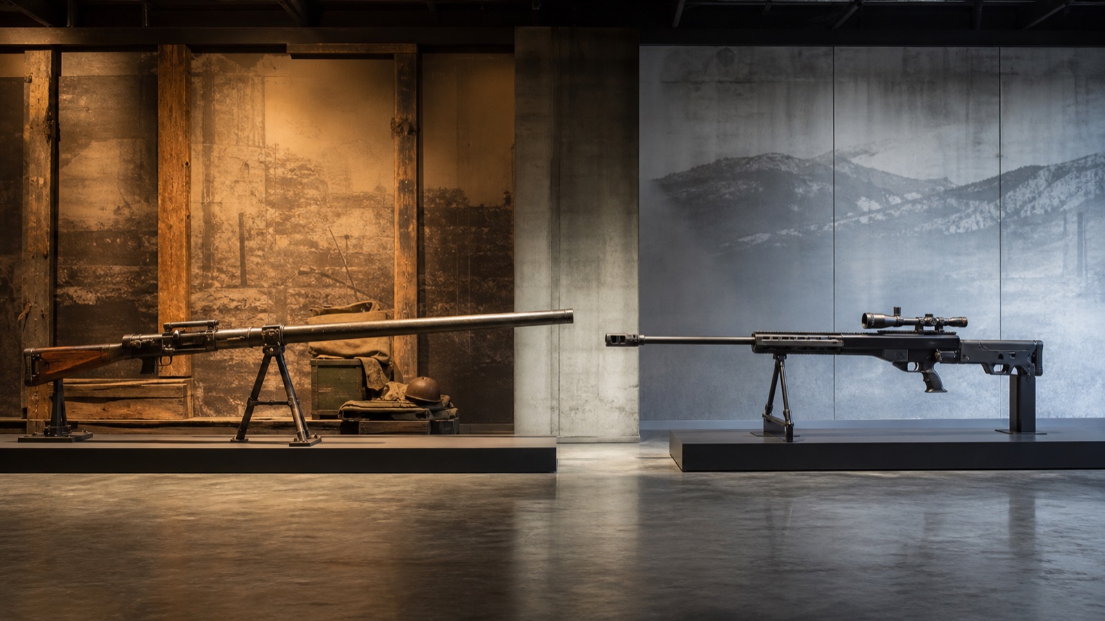 第一次世界大戦の対戦車ライフルと現代対物ライフルの展示イメージ