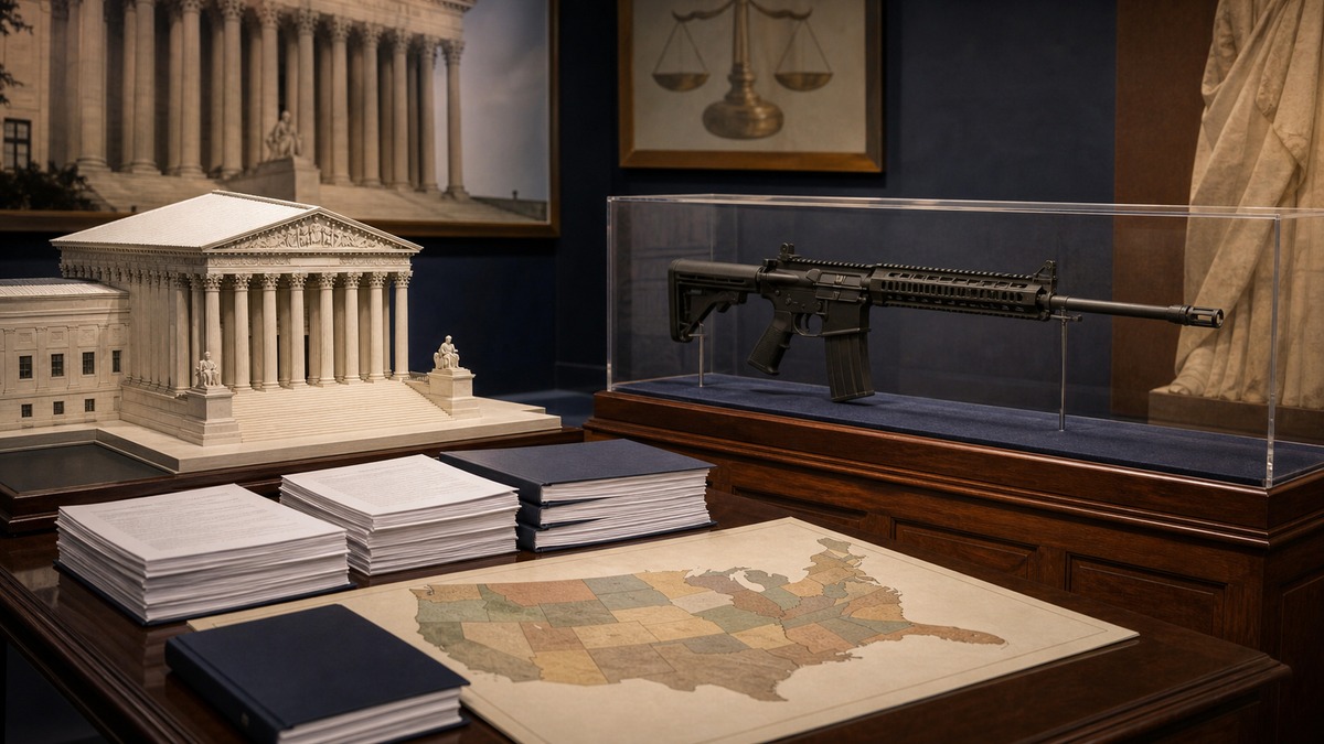 AR-15系ライフル規制と米連邦最高裁審理を表す展示
