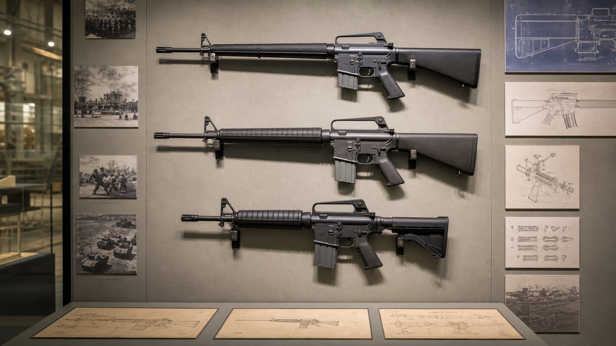 AR-15からM16・M4へ続く系譜を示す博物館展示