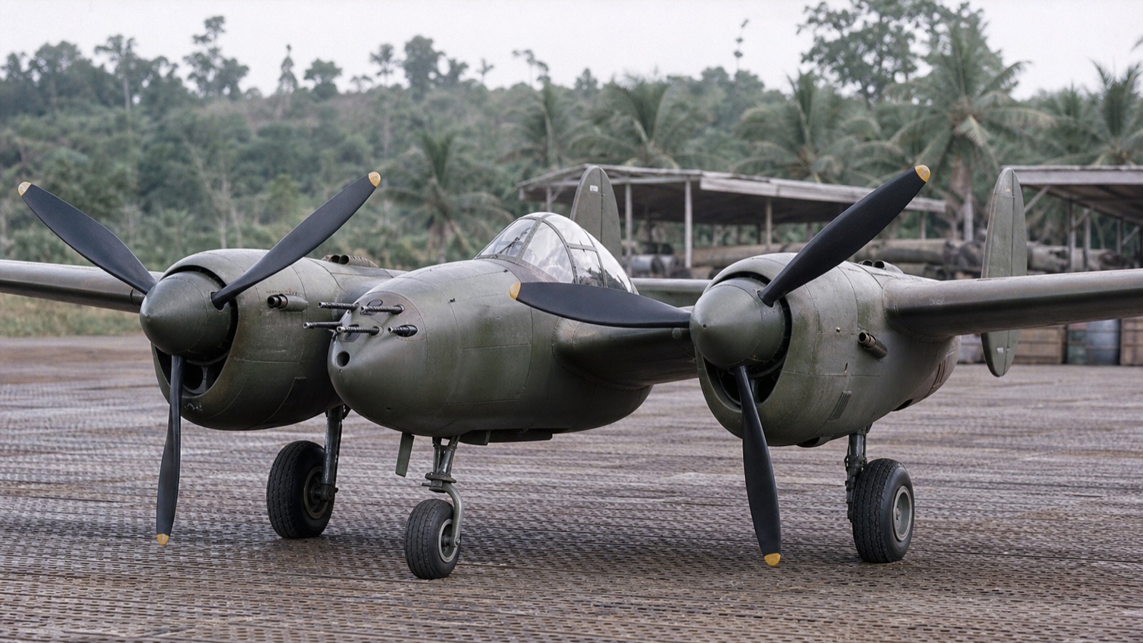熱帯飛行場に駐機するP-38級戦闘機