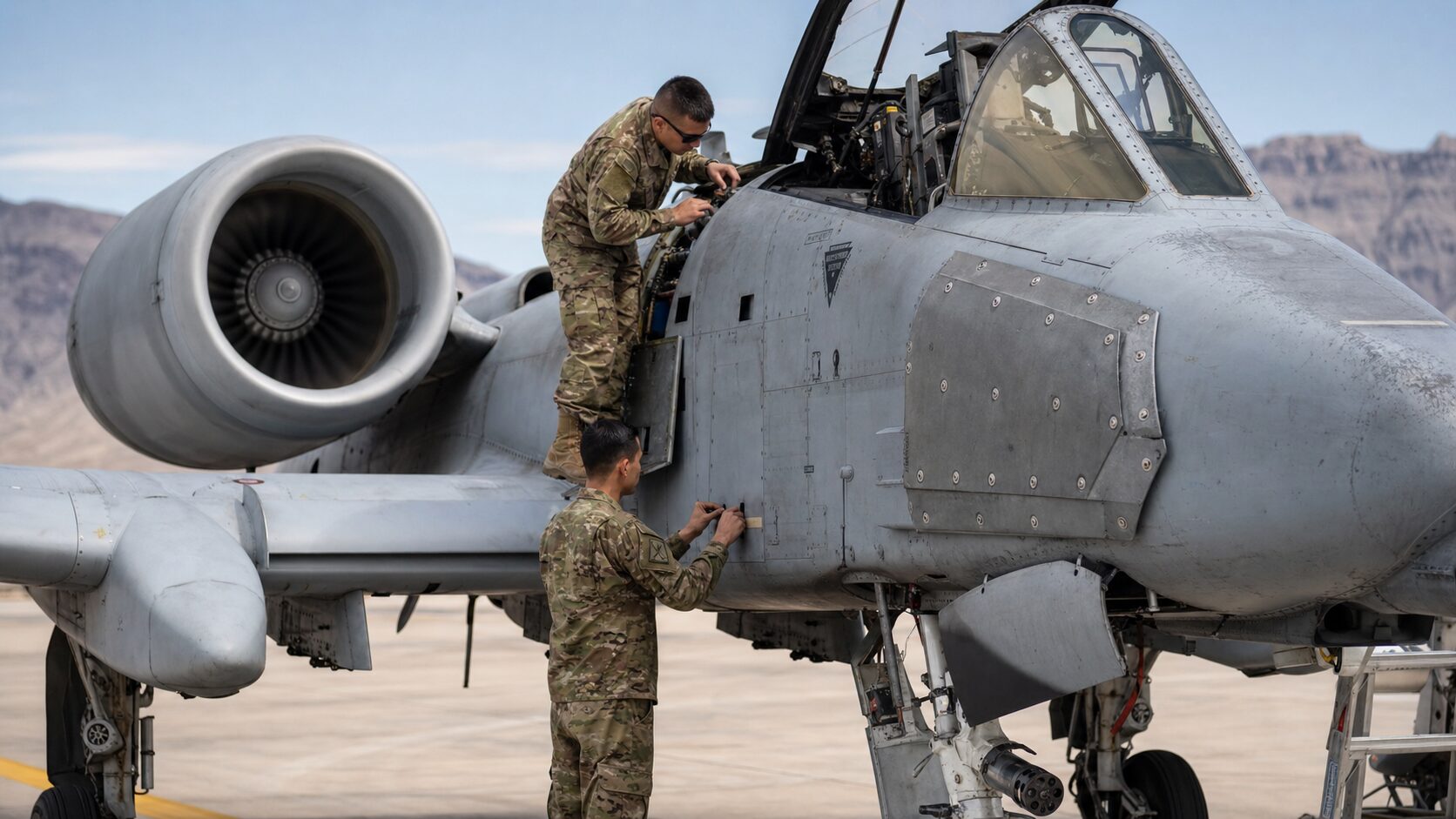 整備中のA-10と装甲パネル