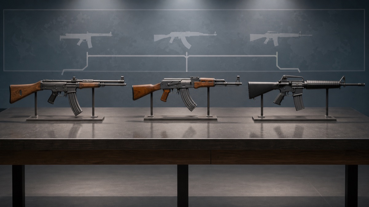 StG44からAK系とM16系へ続く系譜をイメージした比較展示