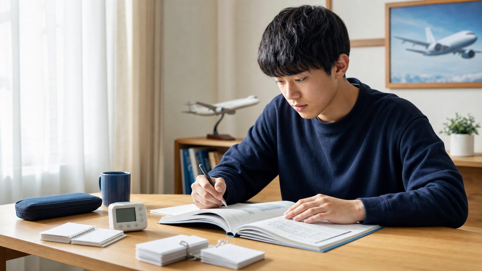航空学生志望者が英語の筆記試験対策を行うイメージ