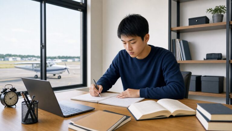 航空学生志望者が数学と英語の試験勉強を進めるイメージ