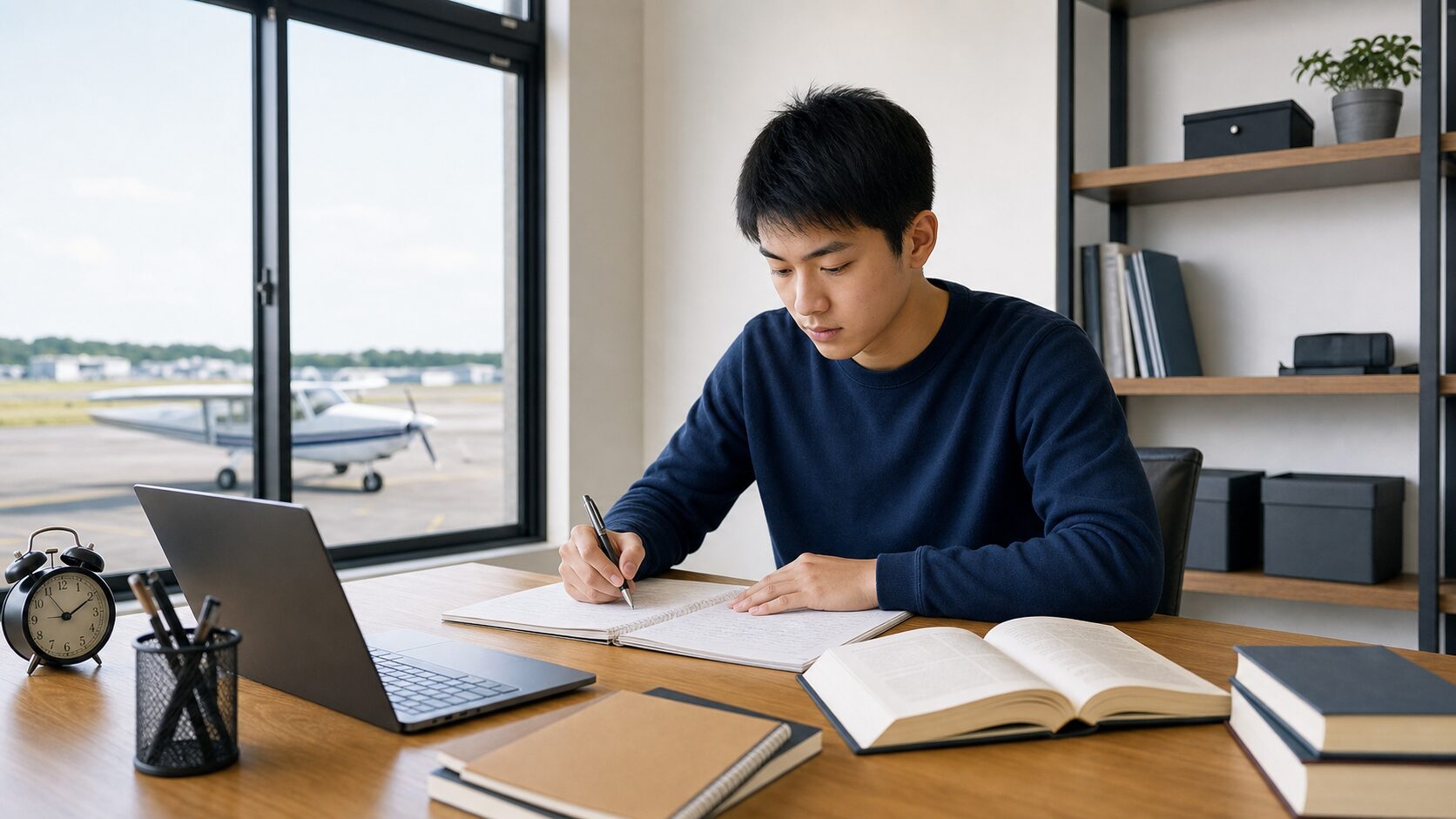 航空学生志望者が数学と英語の試験勉強を進めるイメージ