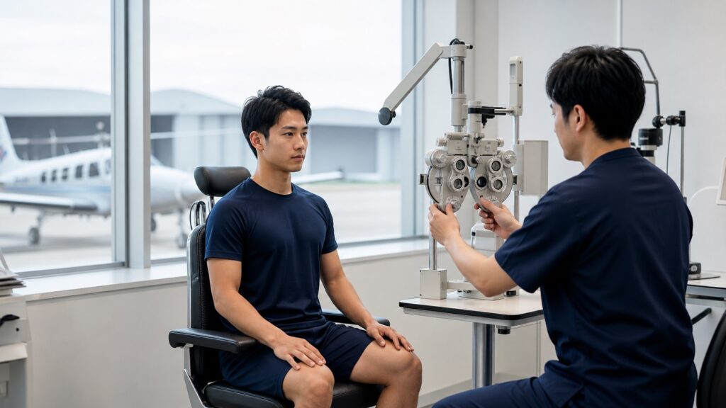 航空学生志望者が航空身体検査の視機能検査を受けるイメージ