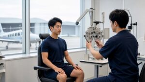 航空学生志望者が航空身体検査の視機能検査を受けるイメージ