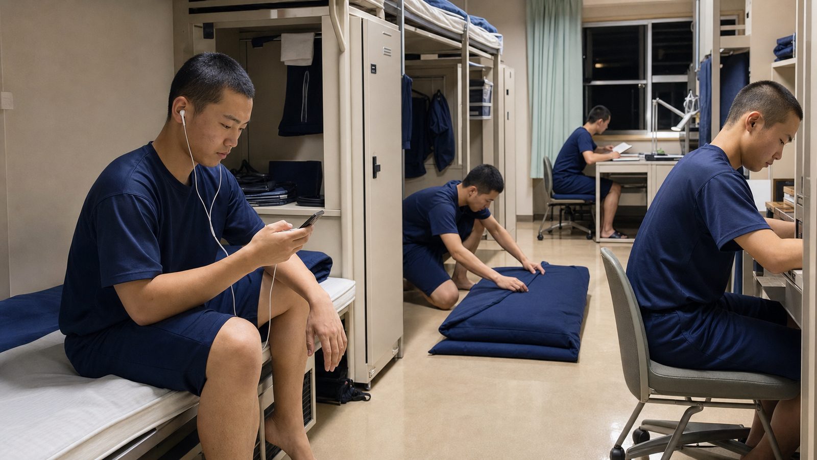 自衛隊の営内で自由時間を過ごす隊員とスマホ利用のイメージ