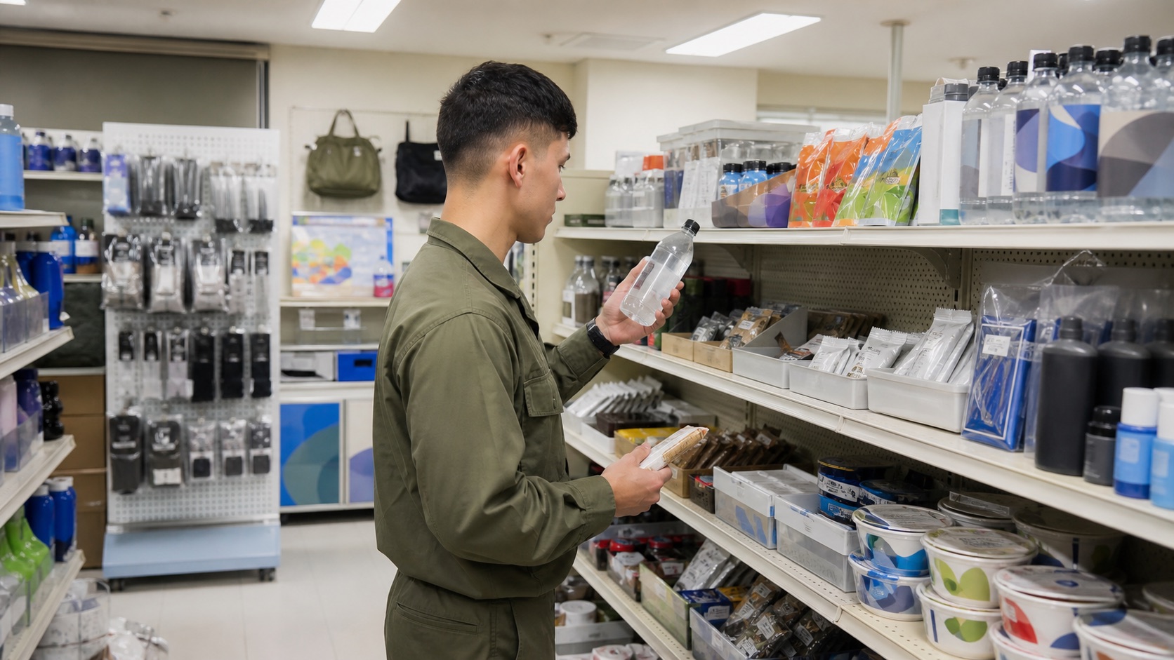 駐屯地や基地のPXで飲料や食品を購入する隊員のイメージ