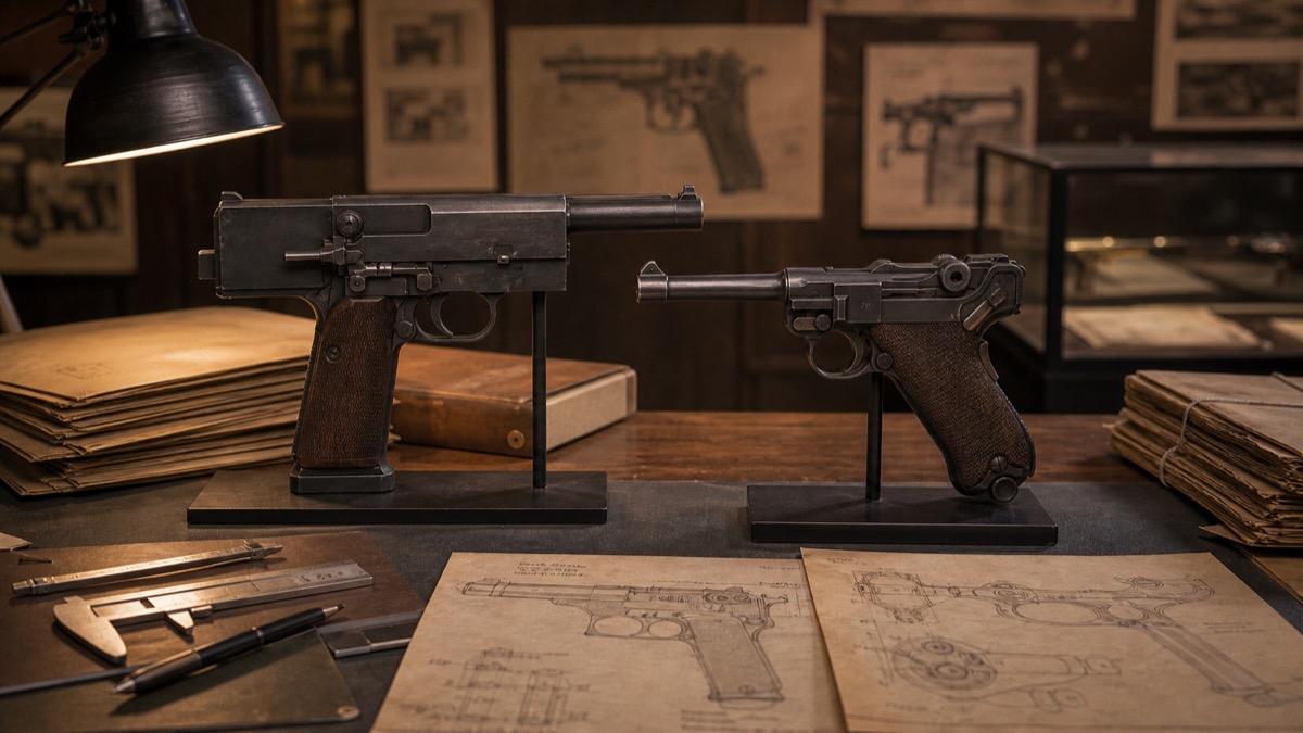 ボーチャードピストルからルガーP08への発展をイメージした資料展示