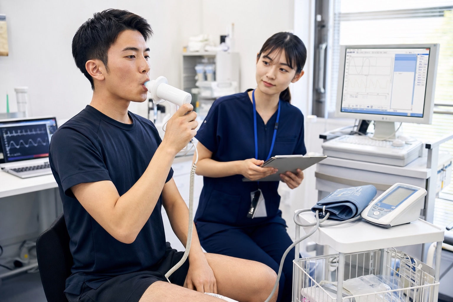航空学生志望者が肺活量や循環器系の検査を受けるイメージ