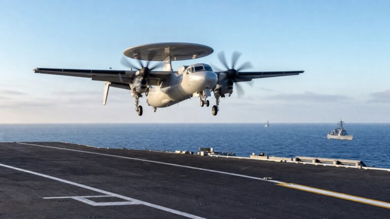 空母飛行甲板から発艦するE-2D級早期警戒機