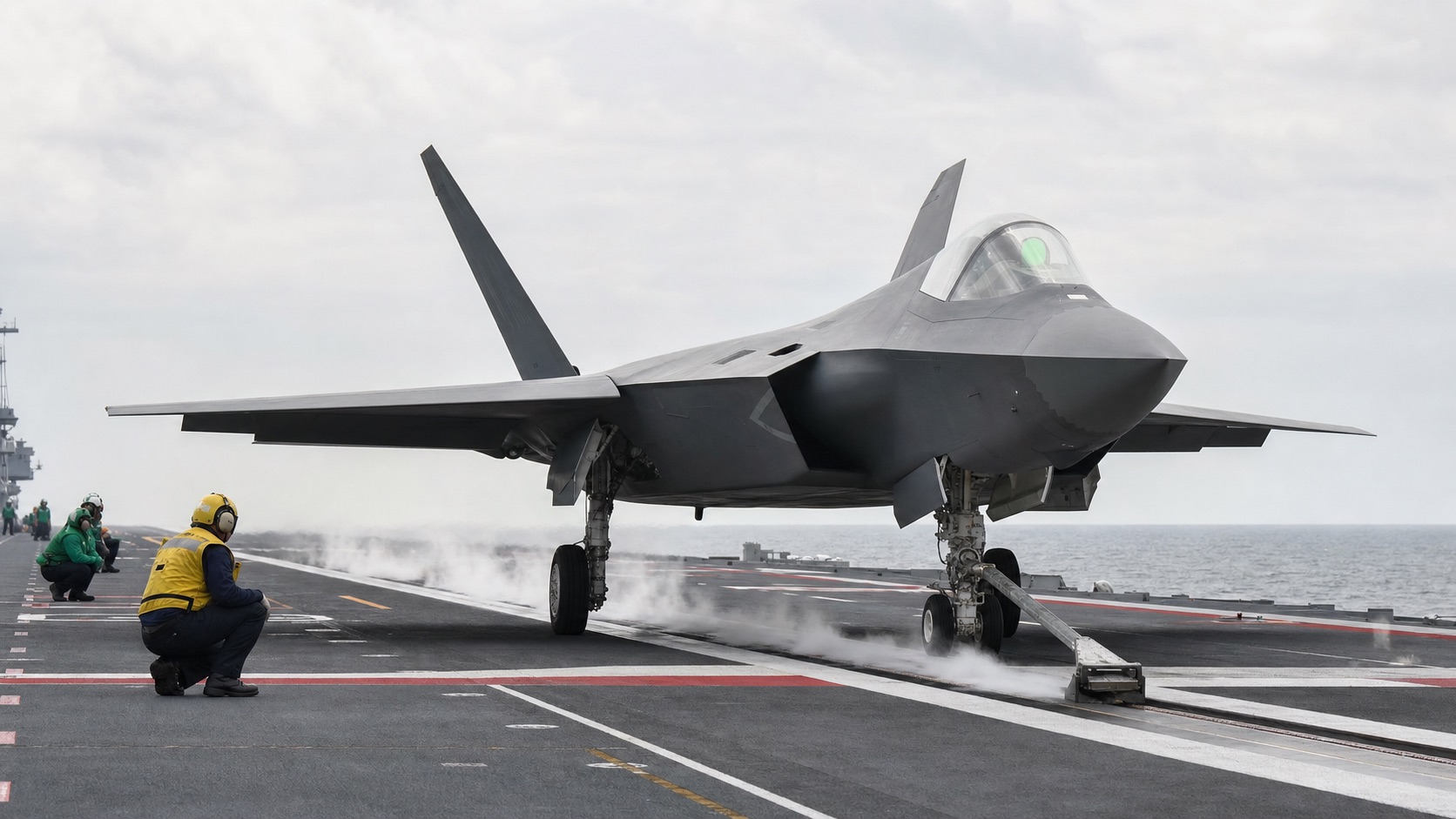 空母の電磁カタパルトから発艦するJ-35級艦載機