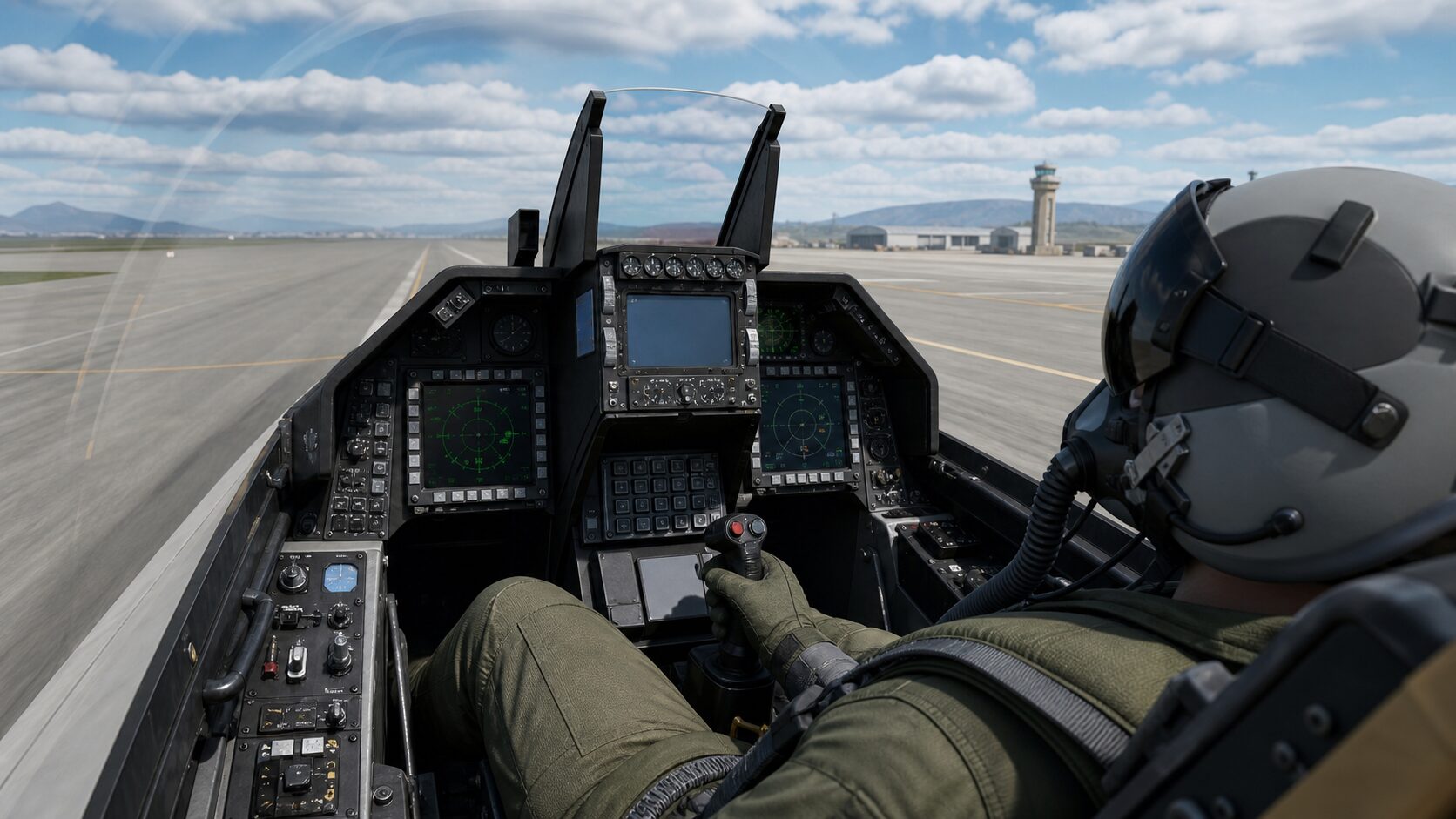 サイドスティックと後傾座席を備えたF-16コックピット