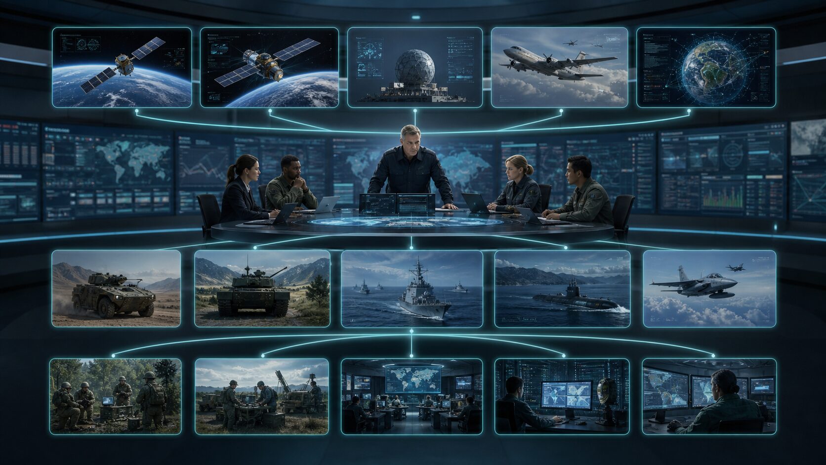 統合作戦の指揮階層を表す作戦室のイメージ