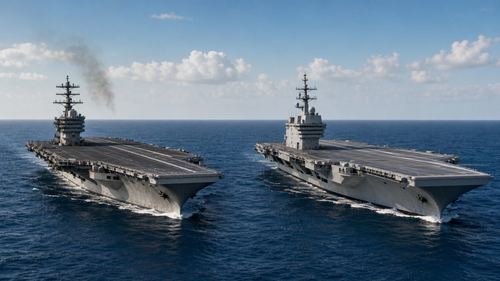 ニミッツ級とフォード級の飛行甲板設備を比較する艦影