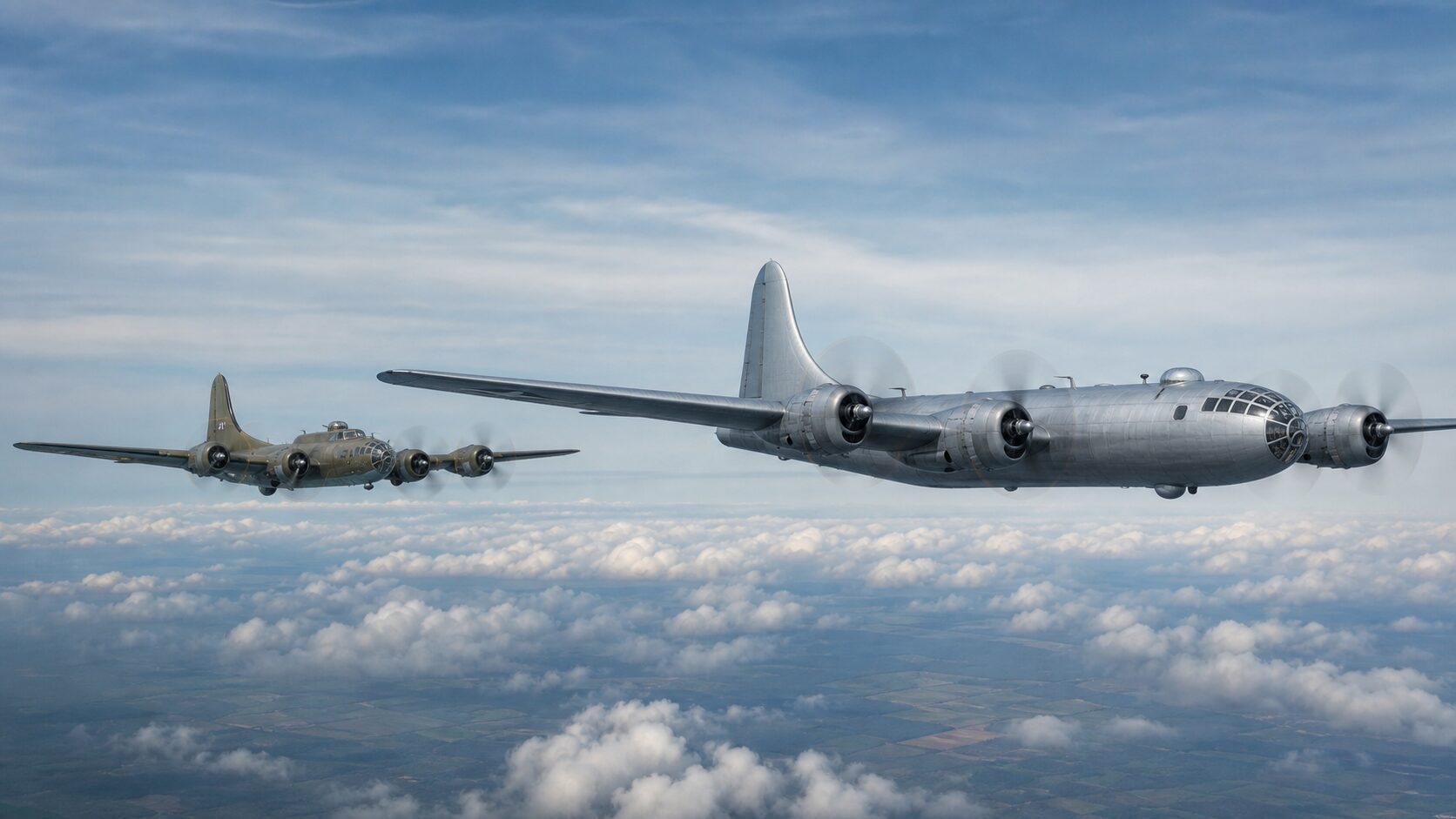 B-17とB-29の大きさを比較する編隊