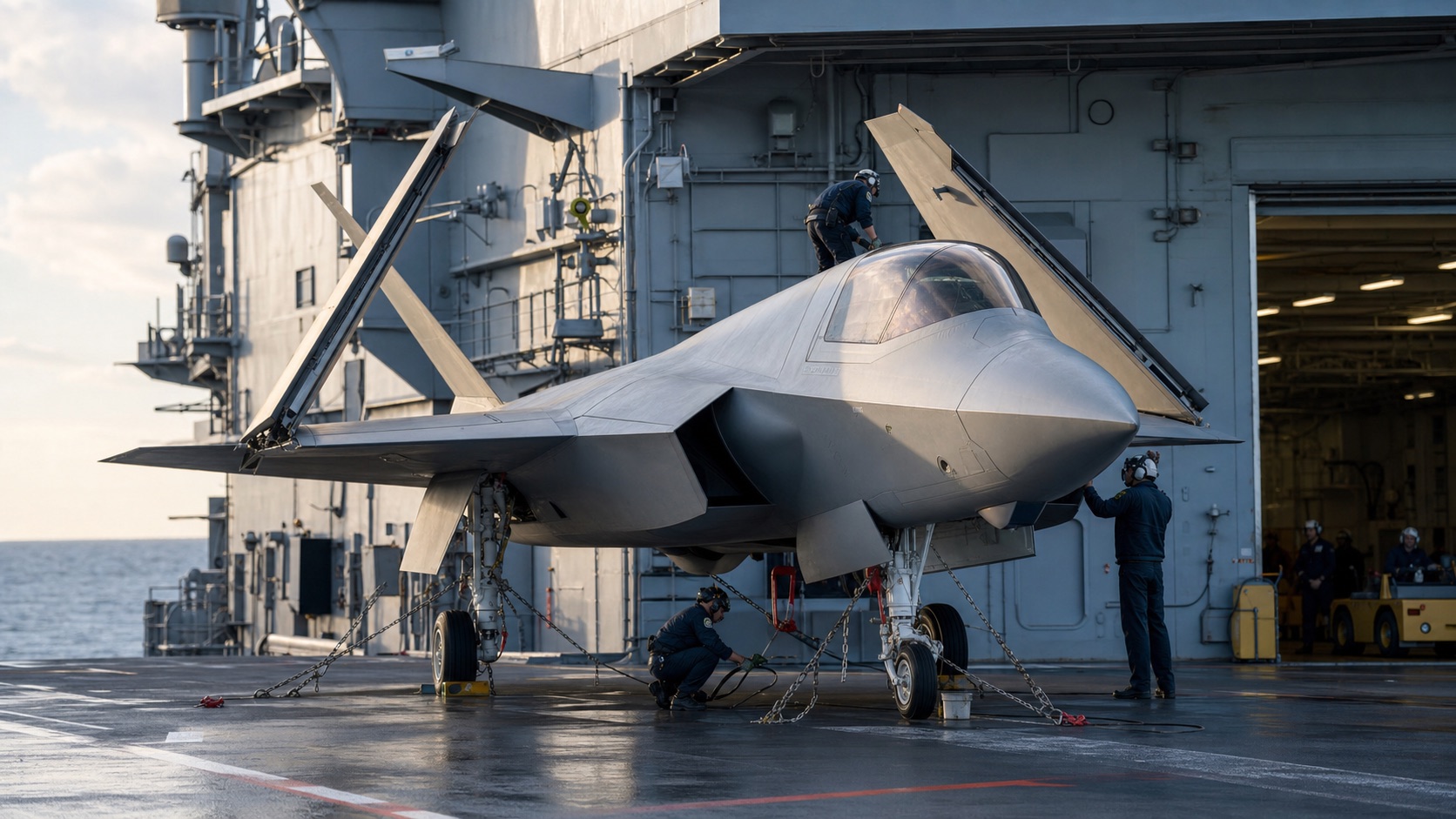 空母甲板で主翼を折り畳み整備を受けるJ-35級艦載機