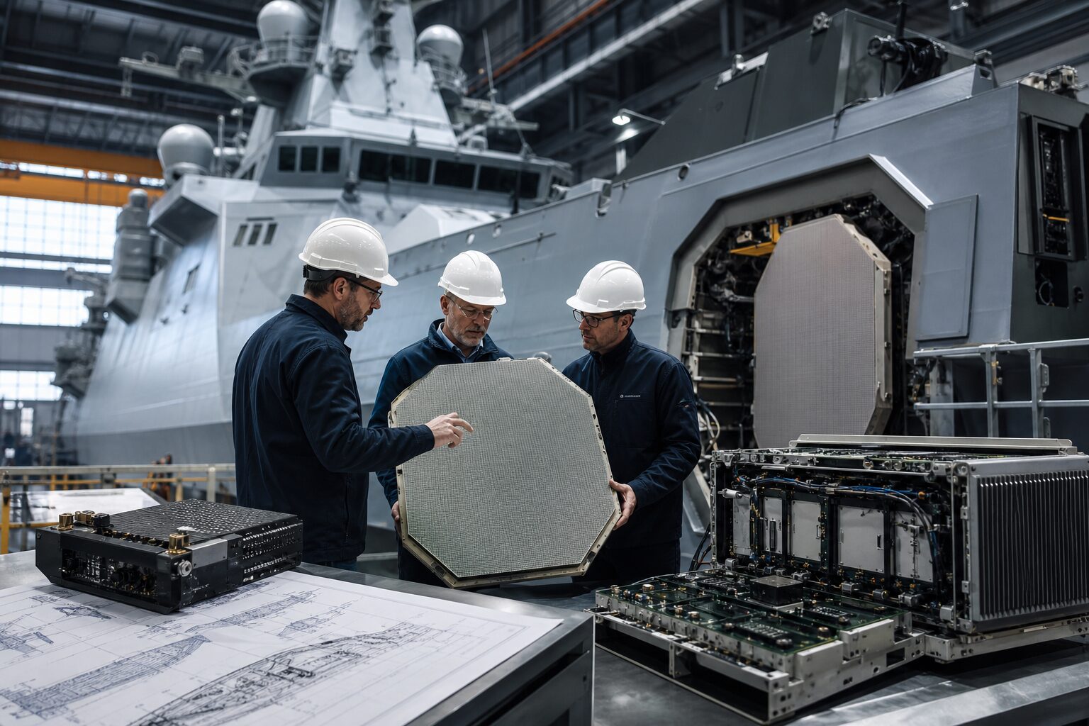 艦艇レーダーと戦闘システムを点検する防衛産業の技術者