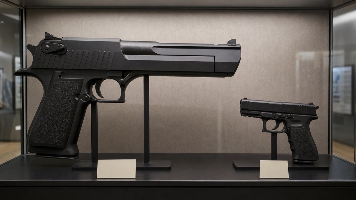 デザートイーグルと一般的な拳銃のサイズ比較展示