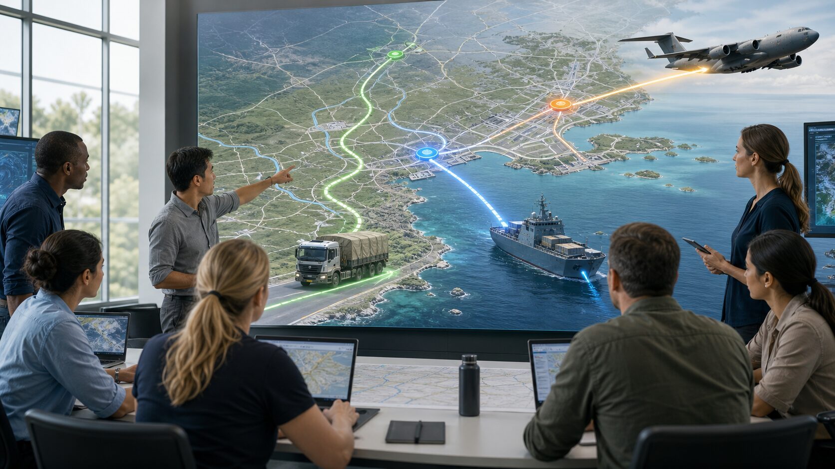 陸海空の輸送力を組み合わせる災害派遣調整のイメージ