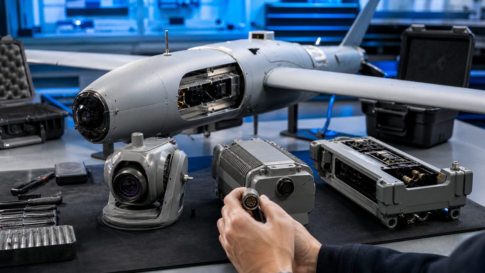 Drone40のような小型UAVの本体と交換式ペイロードを整備するイメージ