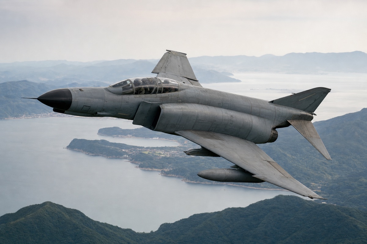 日本の沿岸上空を飛行するF-4EJ改級戦闘機