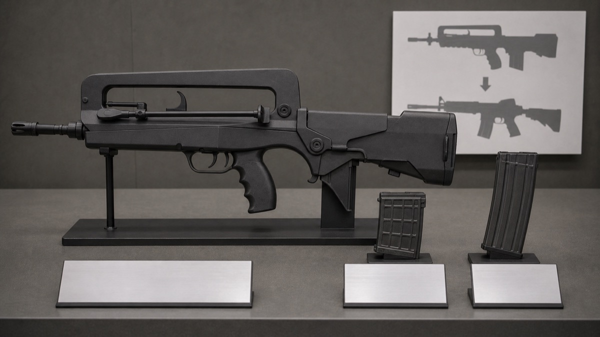 FAMAS F1とG2の弾倉差をイメージした比較展示