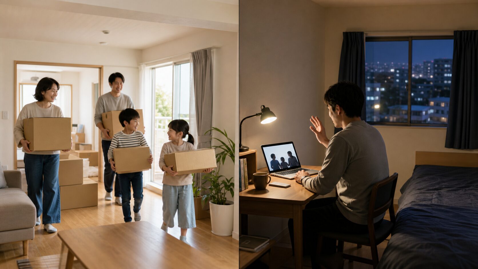 家族帯同と単身赴任を比較するイメージ